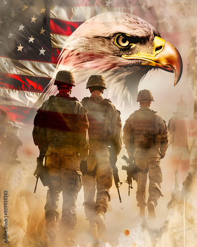 Double exposure image of soldiers, eagle and USA flag. Veterans Day, Memorial Day, Independence Day