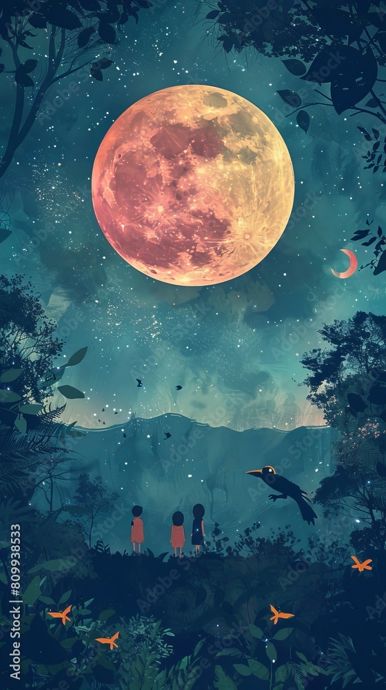 Pink and yellow moon, dark sky with stars, children and big dark birds in mistic forest Pink and yellow moon, dark sky with stars, children and big dark birds in mistic forest