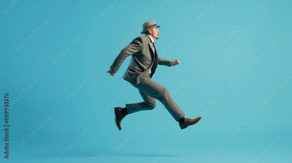 A man in a suit and hat jumping in the air. Perfect for business and success concepts