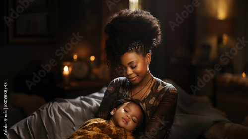 Mother's Touch: Black Woman Tenderly Massages Sleeping Baby in Low-Lit Room