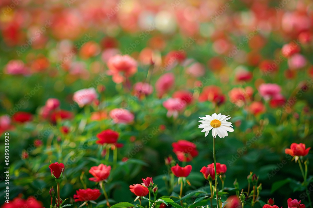 Lone daisy in a field of roses, capturing the beauty of standing out and leading differently