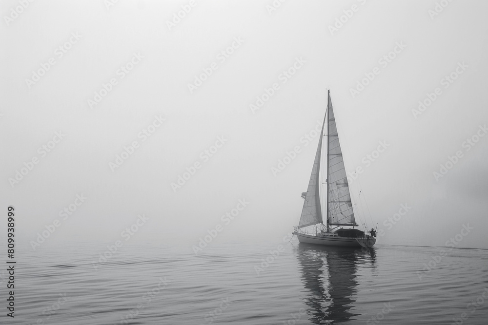 Fototapeta premium Lone sailboat navigating through fog, representing the clarity and direction provided by true leaders