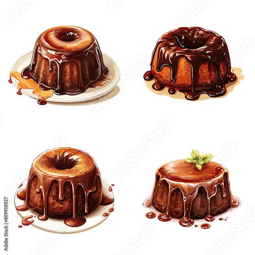 Rich and moist chocolate bundt cakes drizzled with glossy caramel and chocolate sauce. A decadent dessert perfect for bakeries, cafes, menus, and food photography.