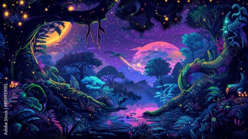 Mystic forest with neon green snake bird, pink moon, stars, dark trees, child and dark birds photo