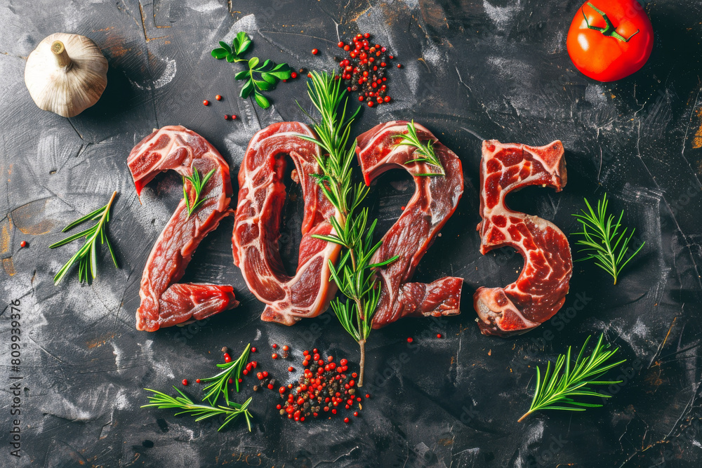 2025 meat numbers, new year fillet greeting card, tenderloin celebrate banner, marbled meat