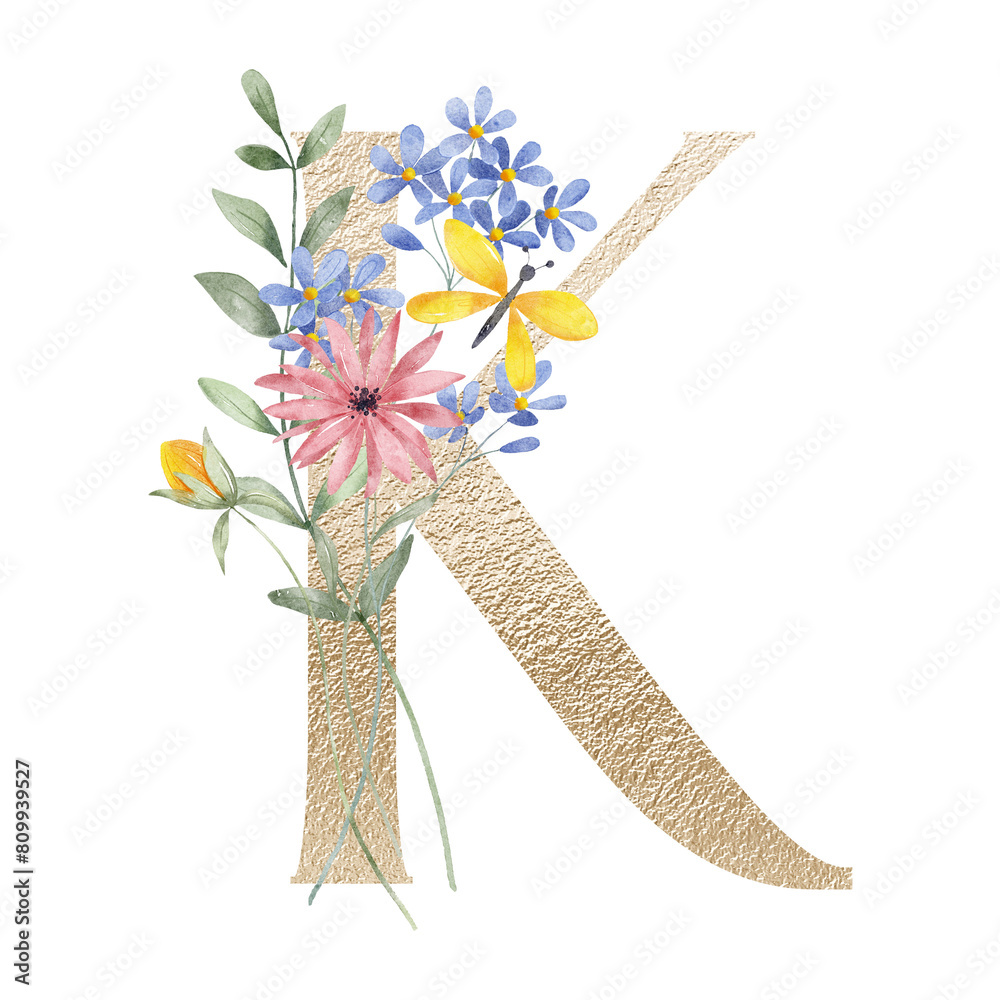 Golden letter K with watercolor flowers and leaves. Floral alphabet ...