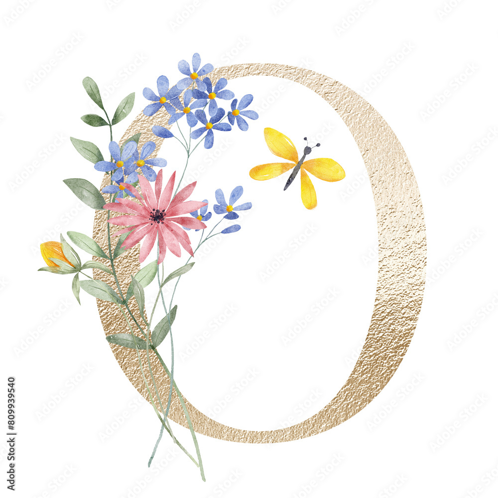 Golden letter O with watercolor flowers and leaves. Floral alphabet ...