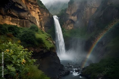 A cascading waterfall framed by rugged cliffs and misty rainbows in a secluded canyon 