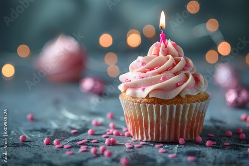Birthday cupcake with candle. AI generated