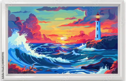 landscape with sea and sky， Anime Lighthouse Poster in Vibrant Frame