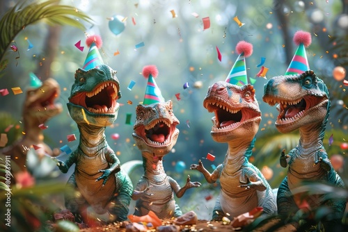 A colorful illustration of a cute dinosaur, with dinosaurs wearing party hats, celebrating a kids birthday. AI generated