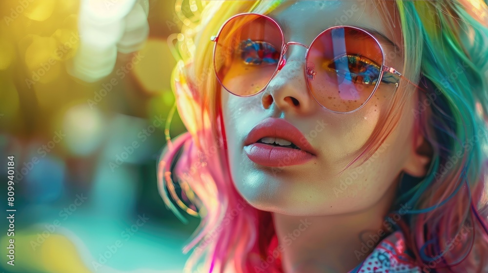 A stylish girl with pink, blue, green hair and glasses. A student or a schoolgirl. Resting or studying.