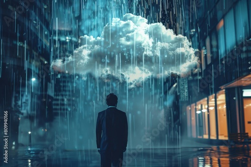 Businessman, standing under rain, pessimistic man under cloud, sad business man, unlucky, misfortune photo