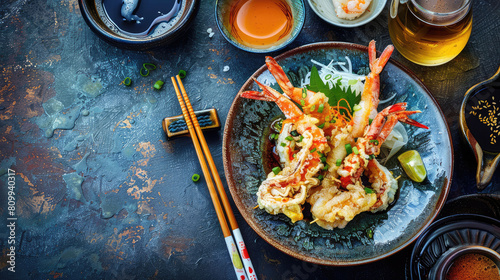 Golden-brown tempura shrimp, served with a side of savory dipping sauce.
