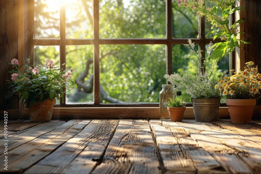 Cozy image displaying potted plants on an old wooden window sill backlit by the warm morning sun