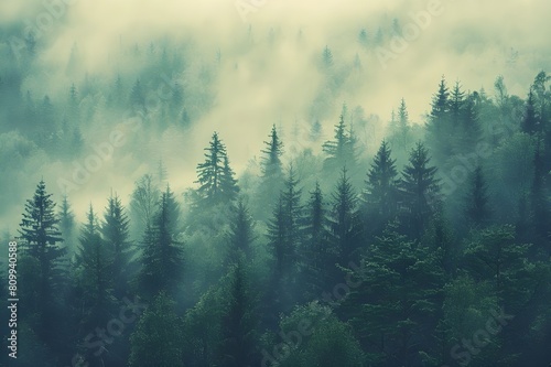 Misty landscape with fir forest in hipster vintage retro style © Areesha
