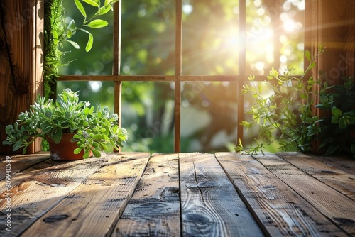 Close-up of a lush green potted plant on a wooden surface bathed in natural sunlight