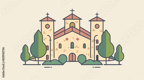 Minimalist icon showing a convent converted into a boutique hotel, suitable for spiritual and serene hospitality settings photo