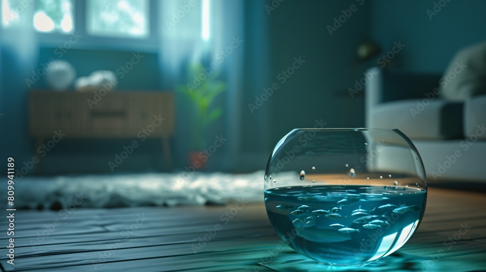 There was a jar with a small fish in it. The water was blue and a blue light was coming out. Located in the dark living room floor. generative ai There was a jar with a small fish in it. The water was blue and a blue light was coming out. Located in the dark living room floor. generative ai