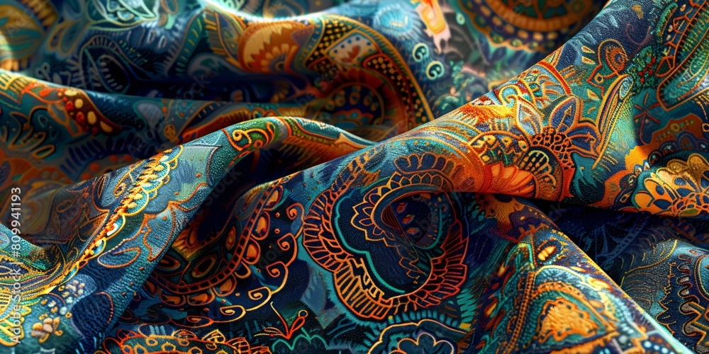 Fabric with floral wire and graphics Orange, green and blue.generative ai