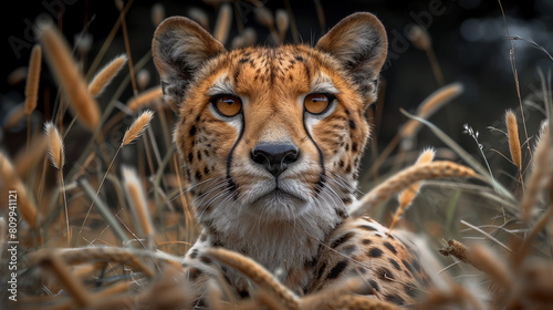 Cheetah observes its surroundings from the tall grass  silently watching the savannah.