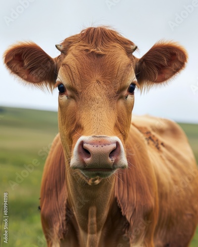 Portrait of a Beautiful Guernsey Cow Grazing in a Field - Cattle and Agriculture Stock Photo photo
