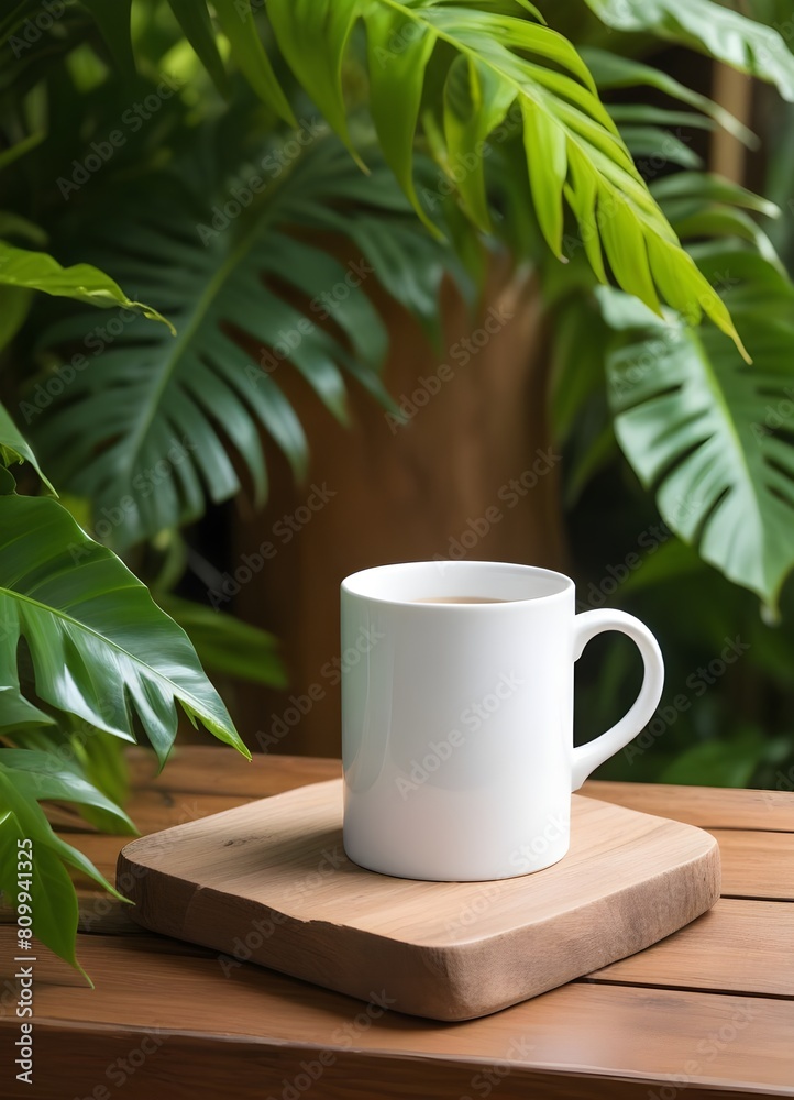 A white coffee mug on a wooden table, surrounded by lush green tropical leaves A white coffee mug on a wooden table, surrounded by lush green tropical leaves