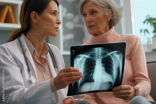 Female-doctor and mid-aged female-patient discussing x-ray results photo