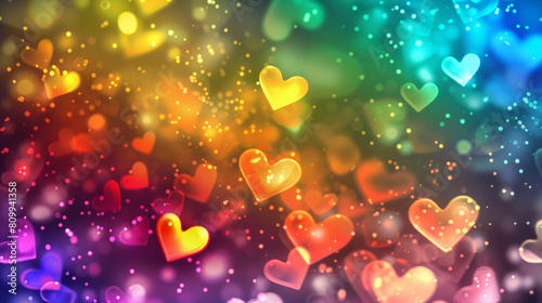 Background of glittering bokeh and shapes of hearts in rainbow colors