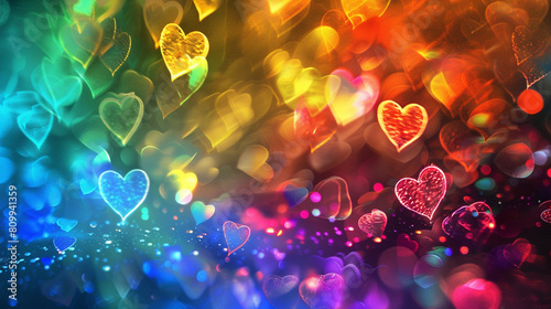 Background of glittering bokeh and shapes of hearts in rainbow colors
