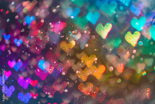 Background of glittering bokeh and shapes of hearts in rainbow colors