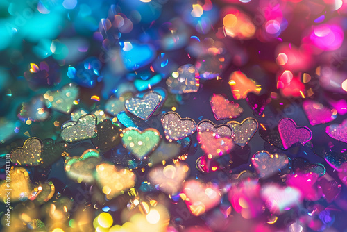 Background of glittering bokeh and shapes of hearts in rainbow colors