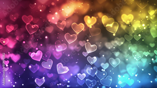 Background of glittering bokeh and shapes of hearts in rainbow colors
