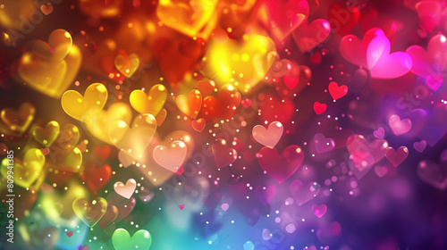 Background of glittering bokeh and shapes of hearts in rainbow colors
