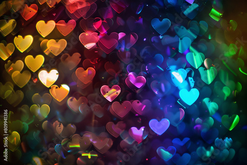 Background of glittering bokeh and shapes of hearts in rainbow colors