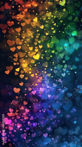 Background of glittering bokeh and shapes of hearts in rainbow colors