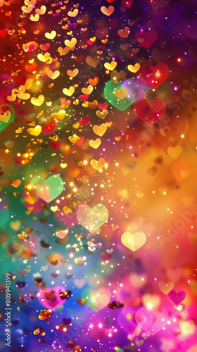 Background of glittering bokeh and shapes of hearts in rainbow colors