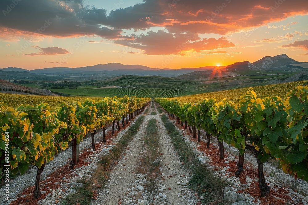 Naklejka premium The warm glow of the golden hour emphasizes the rolling hills of a picturesque vineyard under a dramatic sky