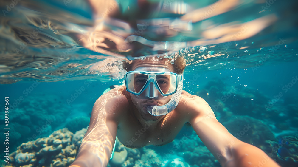 Fototapeta premium A Caucasian man snorkeling in the sea