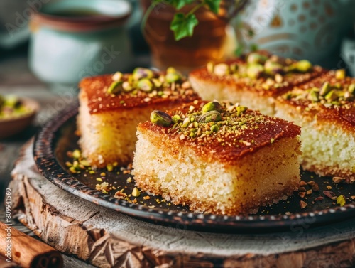 Pistachio Basbousa on Plate: Delicious Arabic Sweet for Breakfast, Snack or Meal