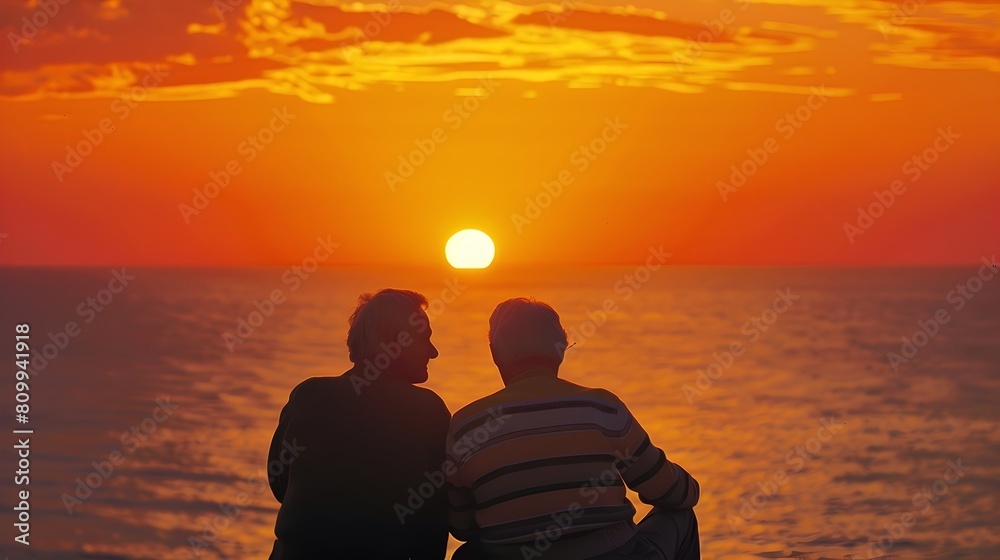 Elderly Couple Embracing During Vibrant Sunset Over Serene Ocean Horizon