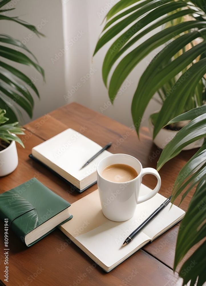 A white coffee mug on a wooden table, surrounded by lush green tropical leaves A white coffee mug on a wooden table, surrounded by lush green tropical leaves