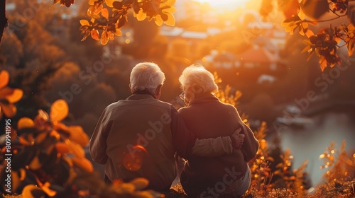 Elderly Couple Admiring Autumn Sunset in Tranquil Outdoor Setting