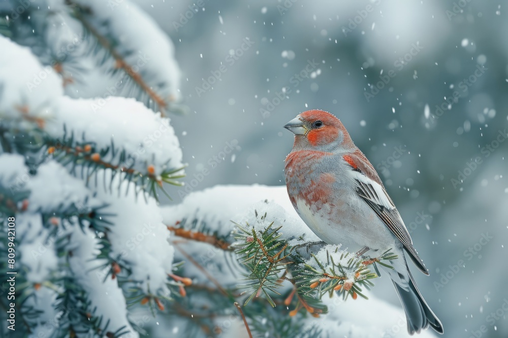 Pine Grosbeak, Stunning Winter Bird of Lapland in Forests Pine Grosbeak, Stunning Winter Bird of Lapland in Forests