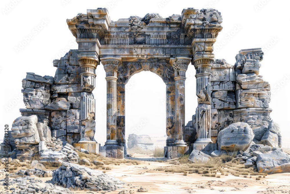 Fototapeta premium A large archway made of stone, with a lot of rubble and debris surrounding it