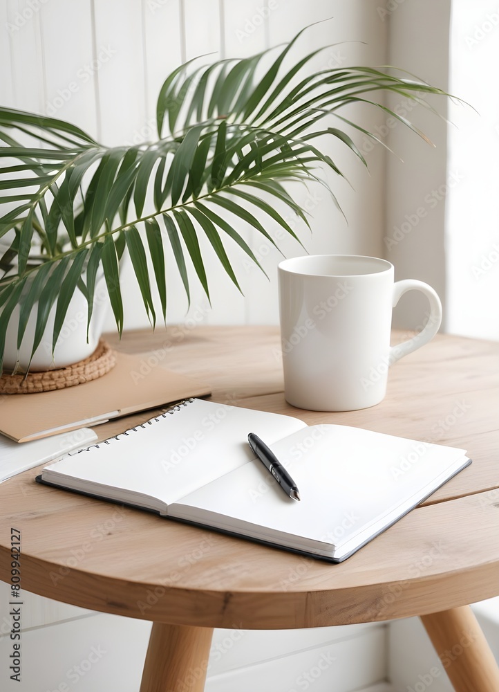 A white coffee mug on a wooden table, surrounded by lush green tropical leaves A white coffee mug on a wooden table, surrounded by lush green tropical leaves