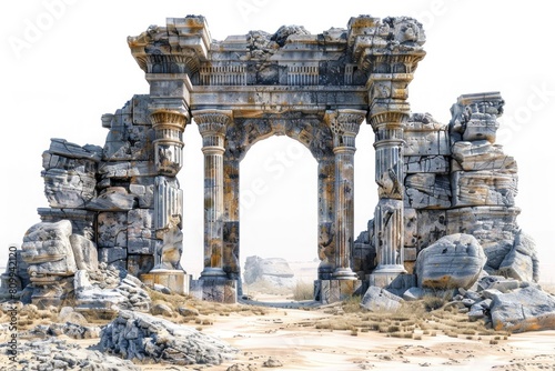 A large archway made of stone, with a lot of rubble and debris surrounding it