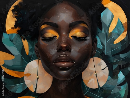 Realistic oil painting of Afro-American woman with tropical plants decoration