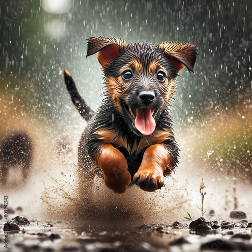 Cute funny puppy dog running fast, jumping in the rain on the sand photo