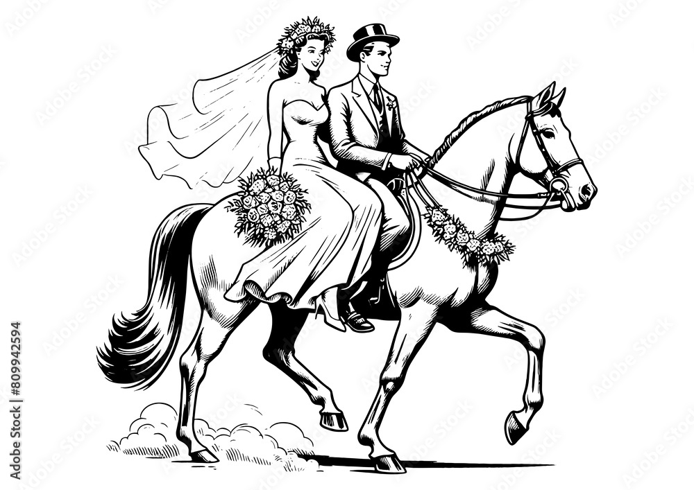 Fototapeta premium bride and groom in traditional wedding attire riding a horse romantic moment sketch engraving generative ai fictional character PNG illustration. Scratch board imitation. Black and white image.